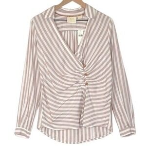 NWT MAEVE Anthropologie Striped Surplice Top Women's Sz 4 Tan Long Sleeve Blouse